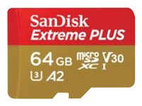 SanDisk Extreme PLUS - Carte mémoire flash (adaptateur microSDXC vers SD inclus(e)) - 64 Go - A2 / Video Class V30 / UHS-I U3 / Class10 - microSDXC UHS-I SDSQXBU-064G-GN6MA