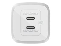 Belkin BoostCharge Pro GaN - Adaptateur secteur - Technologie PPS et GaN - 45 Watt - Fast Charge, PD 3.0 - 2 connecteurs de sortie (2 x USB-C) - blanc WCH011VFWH