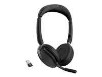 Jabra Evolve2 65 Flex UC Stereo - Micro-casque - sur-oreille - Bluetooth - sans fil - Suppresseur de bruit actif - USB-A - noir - avec socle de recharge sans fil - Optimisé pour la CU 26699-989-989